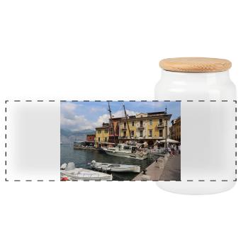 Der Hafen von Malcesine - Panorama Keksdose mit Holzdeckel - Weiß - Vorne