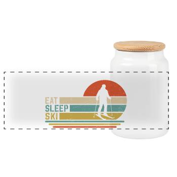 eat sleep ski  - Panorama Keksdose mit Holzdeckel - Weiß - Vorne