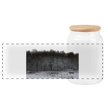 Winter park bench in a snowy landscape - Panoramic Cookie Jar with Wooden Lid - white - Front
