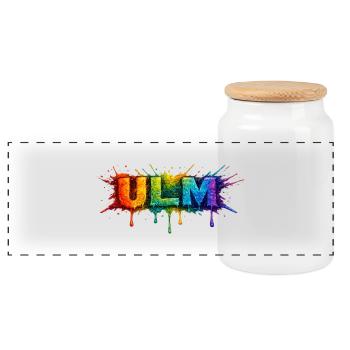 Regenbogenfarben ULM Schriftzug - Panorama Keksdose mit Holzdeckel - Weiß - Vorne