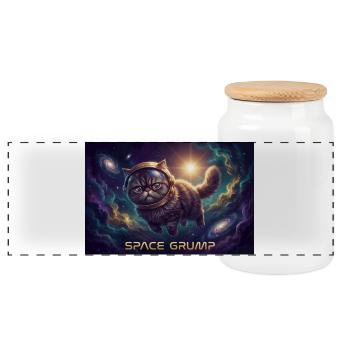 Space Grump Space Cat Neon - Panoramic Cookie Jar with Wooden Lid - white - Front