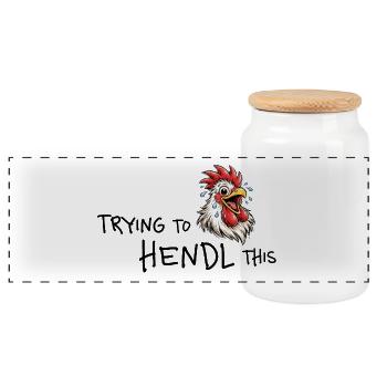 Trying to hendl this – Funny chicken saying - Panoramic Cookie Jar with Wooden Lid - white - Front