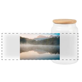 Morgennebel am stillen See - Panorama Keksdose mit Holzdeckel - Weiß - Vorne