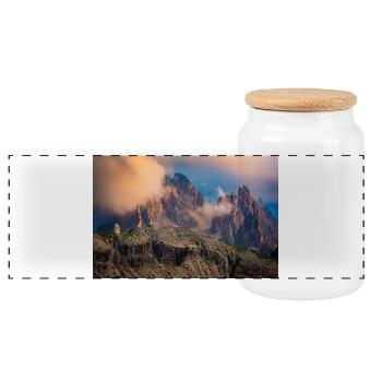 Cadini Group in the Dolomites in the fog - Panoramic Cookie Jar with Wooden Lid - white - Front
