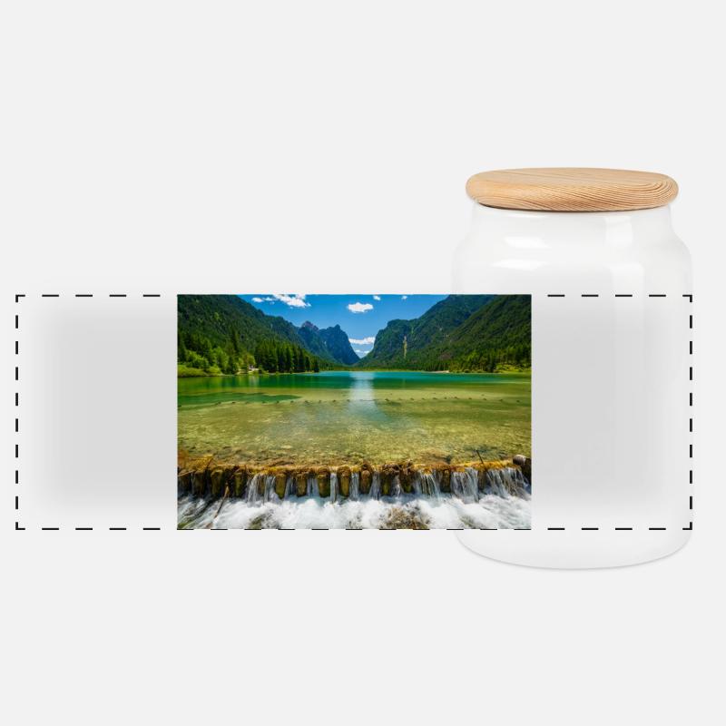 Toblacher See in den Dolomiten - Panorama Keksdose mit Holzdeckel - Weiß
