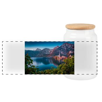 Hallstatt See und Bergdorf Landschaft - Panorama Keksdose mit Holzdeckel - Weiß - Vorne