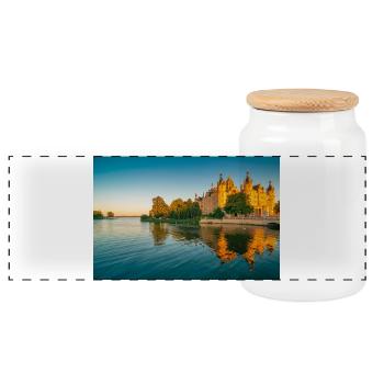 Schloss in Schwerin im Sonnenuntergang - Panorama Keksdose mit Holzdeckel - Weiß - Vorne