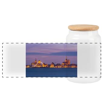 Stralsund in the evening - Panoramic Cookie Jar with Wooden Lid - white - Front