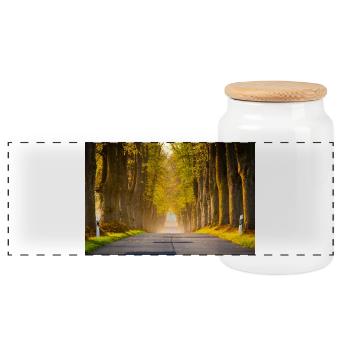 Herbstallee im Licht - Panorama Keksdose mit Holzdeckel - Weiß - Vorne