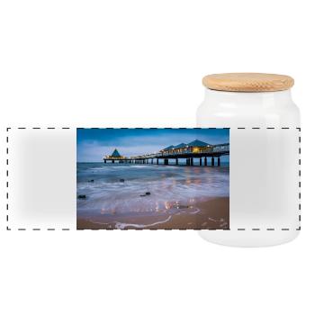 Heringsdorf pier with lights - Panoramic Cookie Jar with Wooden Lid - white - Front