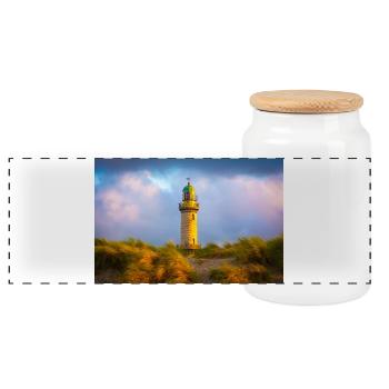 Leuchtturm Warnemünde am Abend - Panorama Keksdose mit Holzdeckel - Weiß - Vorne