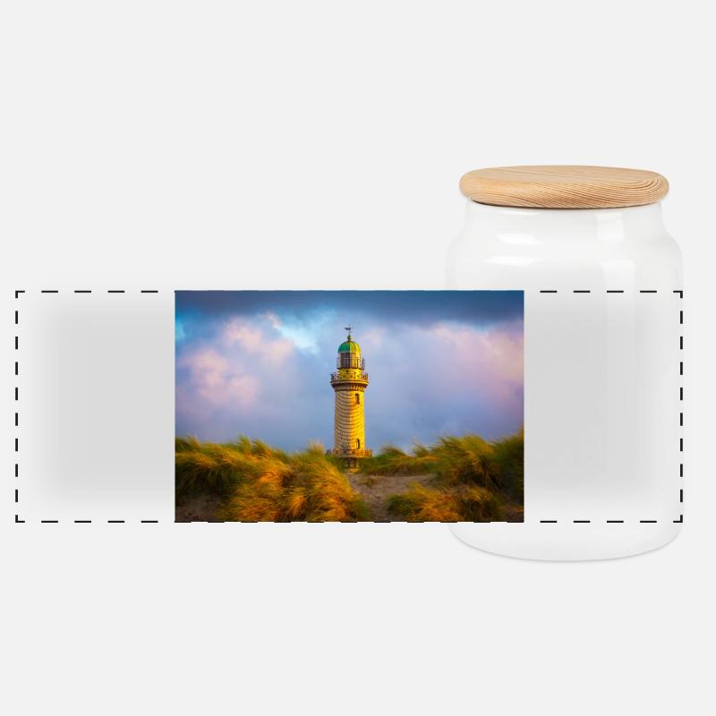 Leuchtturm Warnemünde am Abend - Panorama Keksdose mit Holzdeckel - Weiß