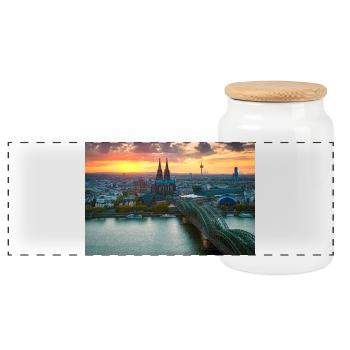 Kölner Dom im Abendlicht - Panorama Keksdose mit Holzdeckel - Weiß - Vorne
