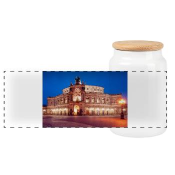 Dresdner Semperoper im Abendlicht - Panorama Keksdose mit Holzdeckel - Weiß - Vorne