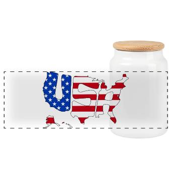 USA Schriftzug Amerika Kontur Amerikanische Flagge - Panorama Keksdose mit Holzdeckel - Weiß - Vorne