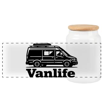 Vanlife Silhouette Minimalist Black Shirt - Panorama Keksdose mit Holzdeckel - Weiß - Vorne