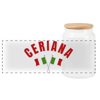 Ceriana with Crossed Italian Flags  - Panoramic Cookie Jar with Wooden Lid - white - Front