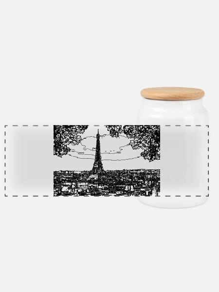 Eiffel Tower Line Drawing - Panoramic Cookie Jar with Wooden Lid - white
