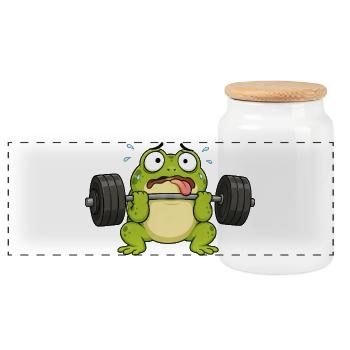 Funny frog in gym lifting weights - Panoramic Cookie Jar with Wooden Lid - white - Front