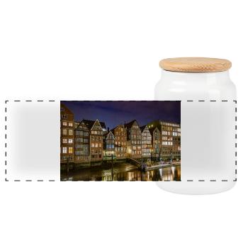 Vue nocturne de la route de la digue sur le Nikolaifleet - Boîte à biscuits avec couvercle en bois - blanc - Devant