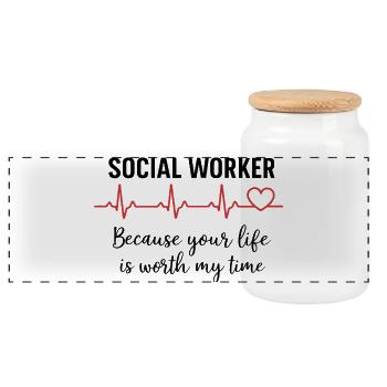 Social Worker Profession Heart Beating Gift - Panoramic Cookie Jar with Wooden Lid - white - Front