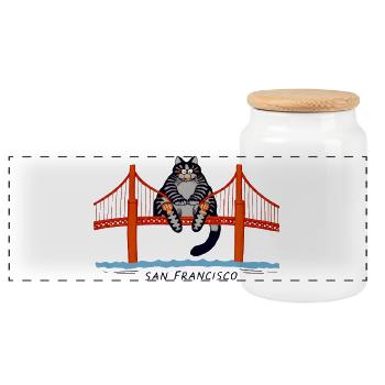 Cat on San Francisco Bridge - Panoramic Cookie Jar with Wooden Lid - white - Front
