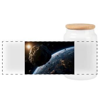 Cinematic Asteroid Approaching Planet Earth - Panoramic Cookie Jar with Wooden Lid - white - Front