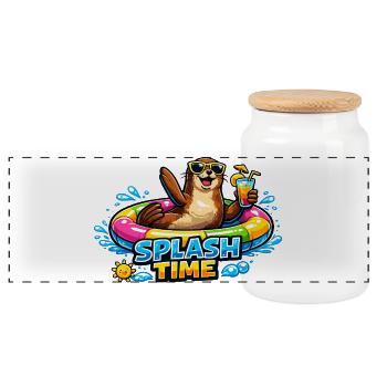SPLASH TIME Otter in the swimming ring - Panoramic Cookie Jar with Wooden Lid - white - Front