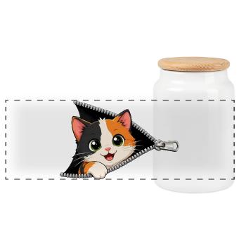 Cute Kitten Zipper Cat - Panoramic Cookie Jar with Wooden Lid - white - Front