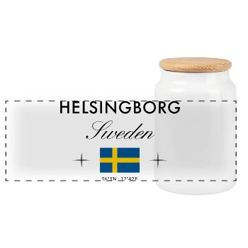 Helsingborg Sweden Coordinates Travel Souvenir - Panoramic Cookie Jar with Wooden Lid - white - Front