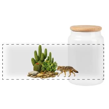 Cactus and Coyote - Panoramic Cookie Jar with Wooden Lid - white - Front