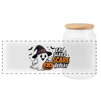 Halloween eat, sleep, scare, repeat - Panoramic Cookie Jar with Wooden Lid - white - Front