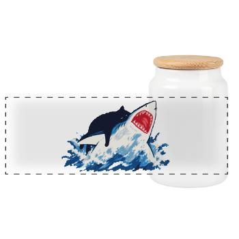 Cat Shark Ocean Humor - Panoramic Cookie Jar with Wooden Lid - white - Front
