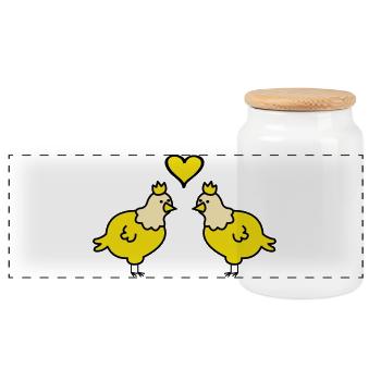 Twin Chickens Heart Pair - Panoramic Cookie Jar with Wooden Lid - white - Front