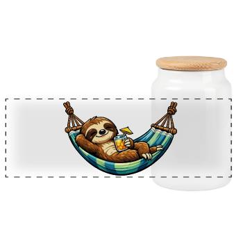 Sloth in hammock with cocktail - Panoramic Cookie Jar with Wooden Lid - white - Front