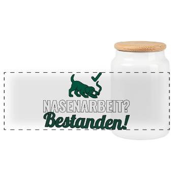 Nasenarbeit Prüfung Geschenk für aktive Hundehalte - Panorama Keksdose mit Holzdeckel - Weiß - Vorne