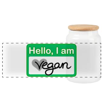 Hello, I am vegan Namensschild - Panorama Keksdose mit Holzdeckel - Weiß - Vorne