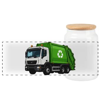 Grüner Müllwagen Recycling - Panorama Keksdose mit Holzdeckel - Weiß - Vorne