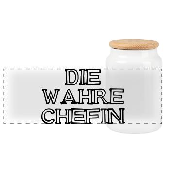 Die wahre Chefin Schriftzug handgezeichnet - Panorama Keksdose mit Holzdeckel - Weiß - Vorne