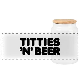 titties and beer - Panoramic Cookie Jar with Wooden Lid - white - Front