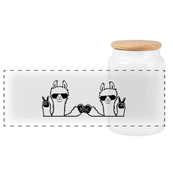 2 Llama Team Friends Sunglasses Peace Fist Pump - Panoramic Cookie Jar with Wooden Lid - white - Front