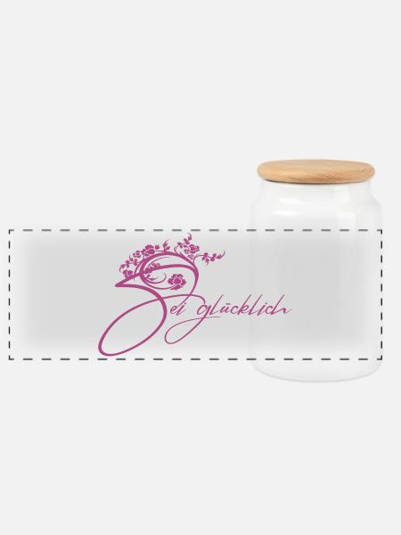 Sei glücklich Floral Schriftzug - Panorama Keksdose mit Holzdeckel - Weiß