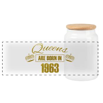 queens are born in 1963 - Geburtstag Koenigin Gold - Panorama Keksdose mit Holzdeckel - Weiß - Vorne