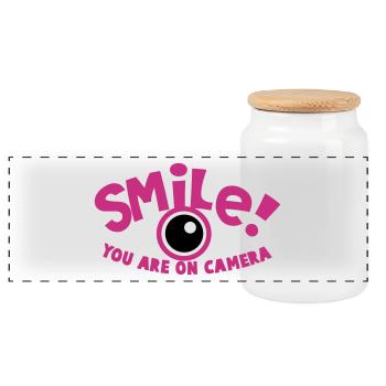 SOURIRE! vous êtes à la caméra! photographe - Boîte à biscuits avec couvercle en bois - blanc - Devant