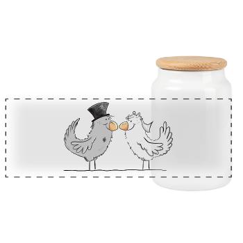 Happy bride and groom wedding doves - Panoramic Cookie Jar with Wooden Lid - white - Front