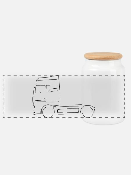 Deutscher LKW Outline Strichzeichnung - Panorama Keksdose mit Holzdeckel - Weiß
