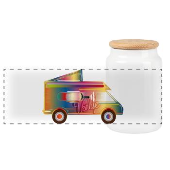 bunter Camper mit Zeltdach für das Van Life - Panorama Keksdose mit Holzdeckel - Weiß - Vorne