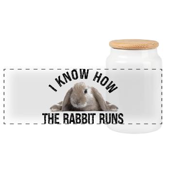 Kaninchen  I know how the rabbit run Denglisch - Panorama Keksdose mit Holzdeckel - Weiß - Vorne