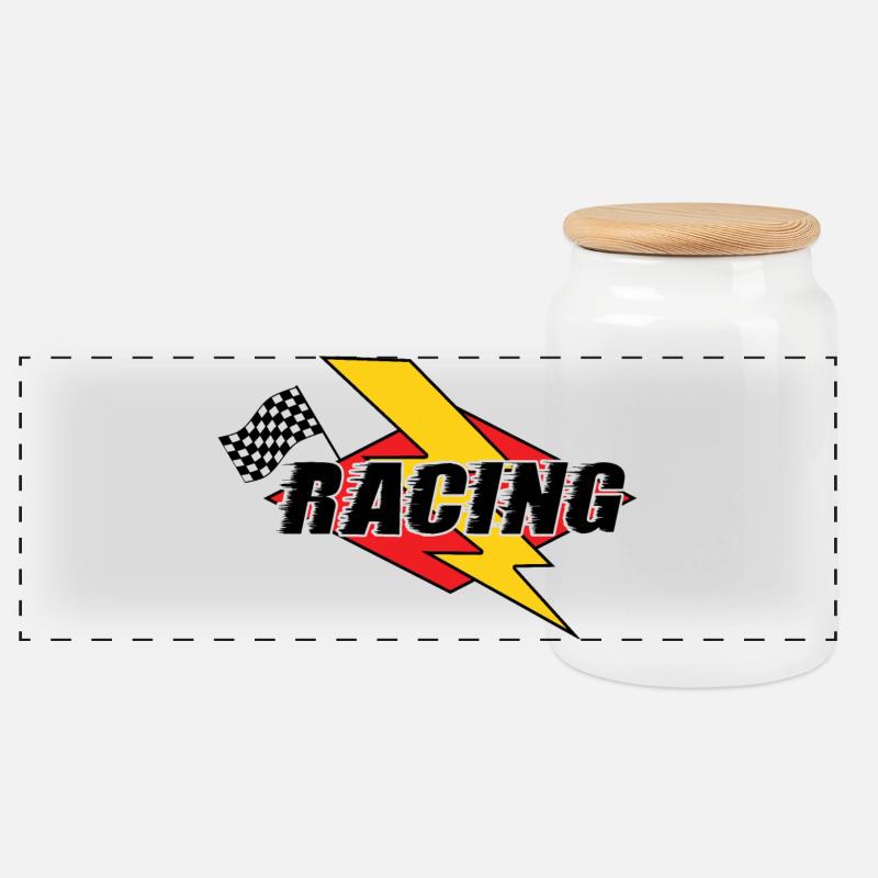 Racing Lightning Bolt & Flagge - Panorama Keksdose mit Holzdeckel - Weiß