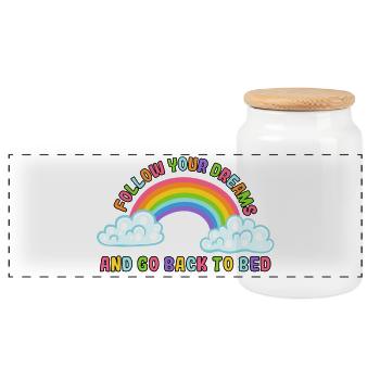 Follow your dreams and go back to bed. Humour # - Panoramic Cookie Jar with Wooden Lid - white - Front